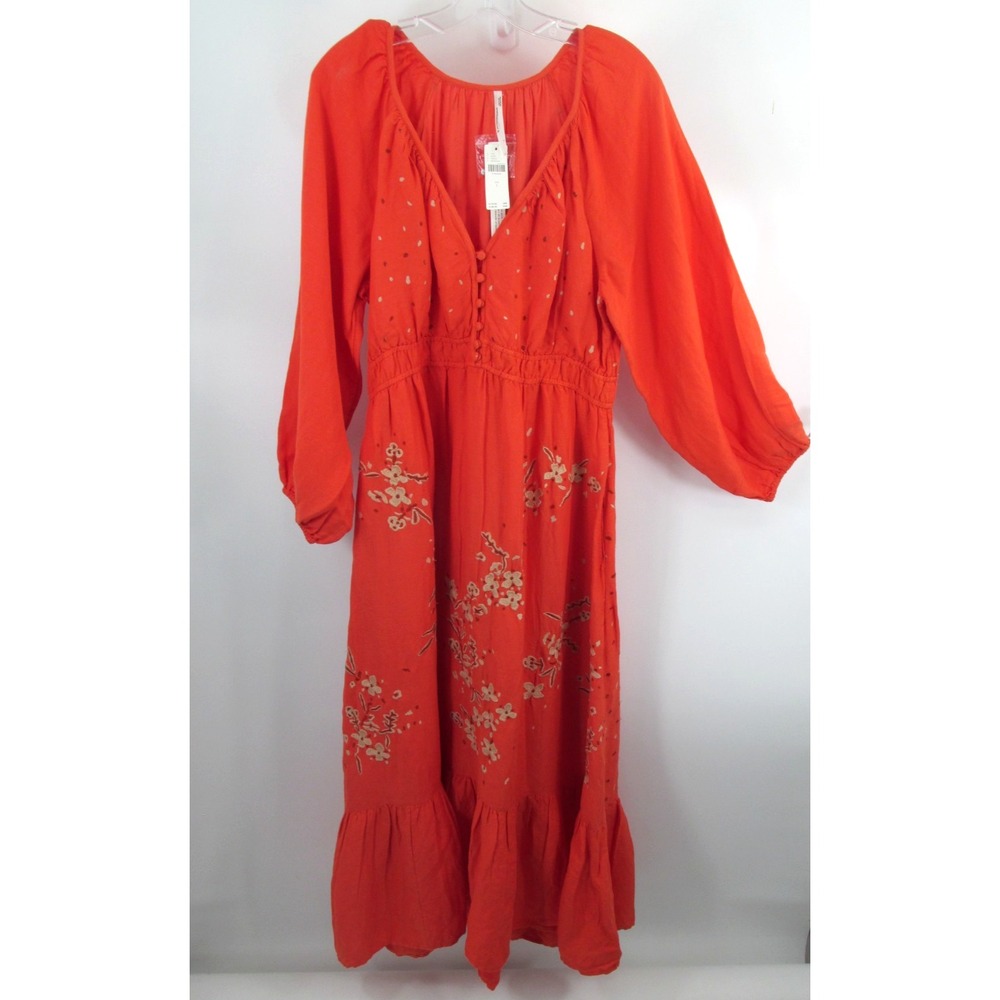 Anthropologie Orange Floral Linen Maxi Prairie Dress Women L Long Puff Sleeve